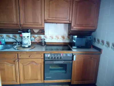 Küche/Küchenzeile in der Unterkunft Ferienwohnung ENDORA im Harzer Stil, Handgefertigte Möbel - WLAN- GARAGE - Wandern-Mountainbike-Motorradurlaub