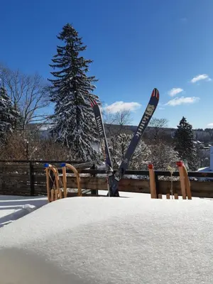 Kaminfeuer Hahnenklee - Ausblick bis zur Stabkirche im Winter