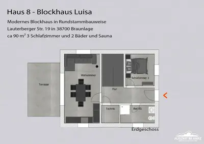 Grundriss der Unterkunft Haus 8 Auszeit im Harz - Haus 8 Blockhaus oben