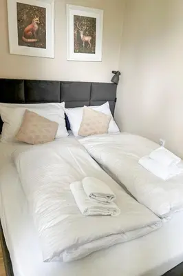 Ein Bett oder Betten in einem Zimmer der Unterkunft FeWo Harz Oase - Wäschepakete inklusive - Blick ins Grüne