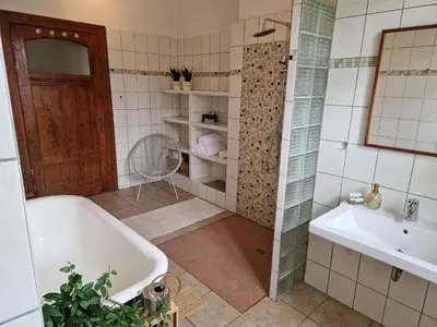 Ein Badezimmer in der Unterkunft Harziano in der Kaiser-Otto-Straße - Stilvolle Gründerzeitwohnungen mit Kachelöfen, Wintergarten & viel Platz zum Entspannen