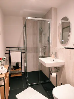 Ein Badezimmer in der Unterkunft ApartZ - Bad Harzburg - HarzPause - Infrarotsauna - Parkplatz - Balkon - Regendusche