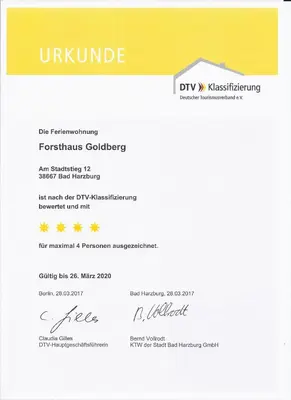 Ein Zertifikat, Auszeichnung, Logo oder anderes Dokument, das in der Unterkunft Forsthaus Goldberg ausgestellt ist