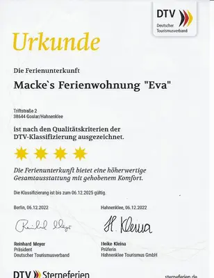 Ein Zertifikat, Auszeichnung, Logo oder anderes Dokument, das in der Unterkunft Macke`s Ferienwohnungen ausgestellt ist
