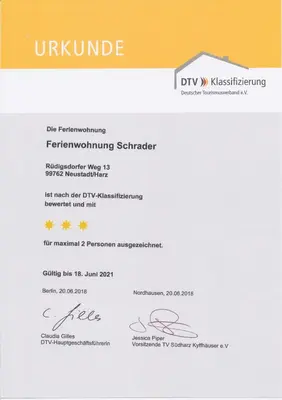 Ein Zertifikat, Auszeichnung, Logo oder anderes Dokument, das in der Unterkunft Südharzblick ausgestellt ist