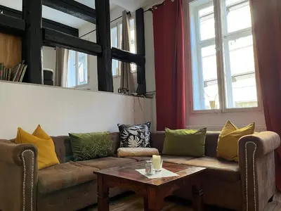 Ein Sitzbereich in der Unterkunft Kaufmannshof mit Fachwerkcharme
