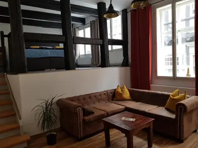 Ein Sitzbereich in der Unterkunft Kaufmannshof mit Fachwerkcharme